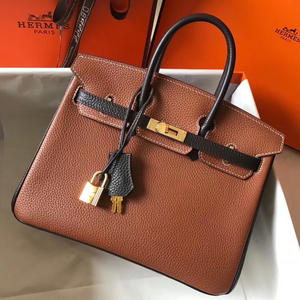 Hermes Bi Color Birkin 25cm Bag In Brown/Black Clemence Leather