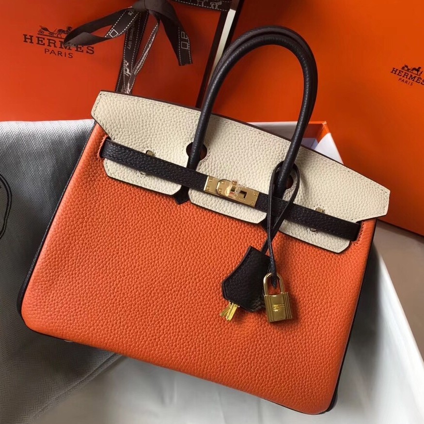 Hermes Tri Color Birkin 25cm Bag In Orange/White/Black Clemence Leather