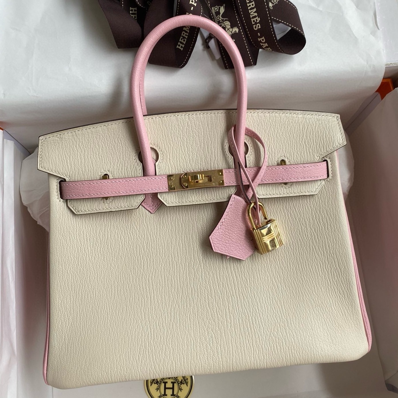 Hermes HSS Birkin 25 Bicolor Bag in Craie and Pink Chevre Mysore Leather