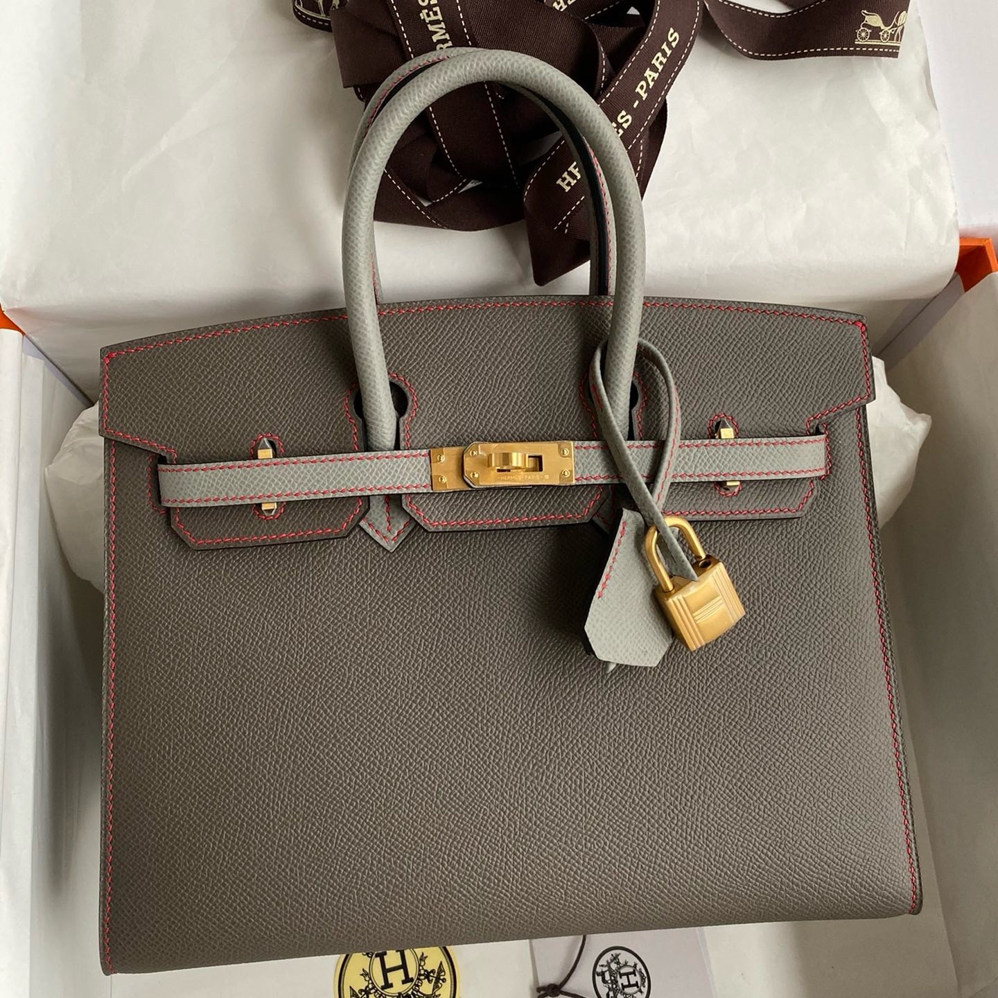 Hermes HSS Birkin 25 Sellier Bag in Etain and Gris Mouette Epsom Calfskin