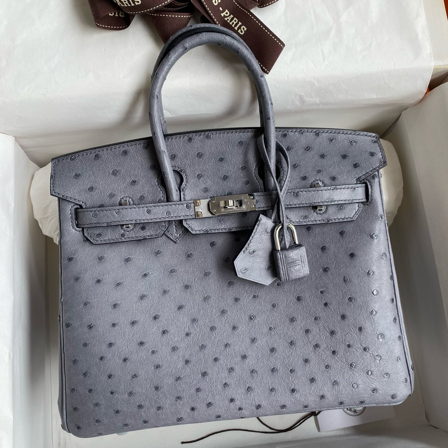 Hermes Birkin 25 Retourne Handmade Bag in Gris Agate Ostrich Leather