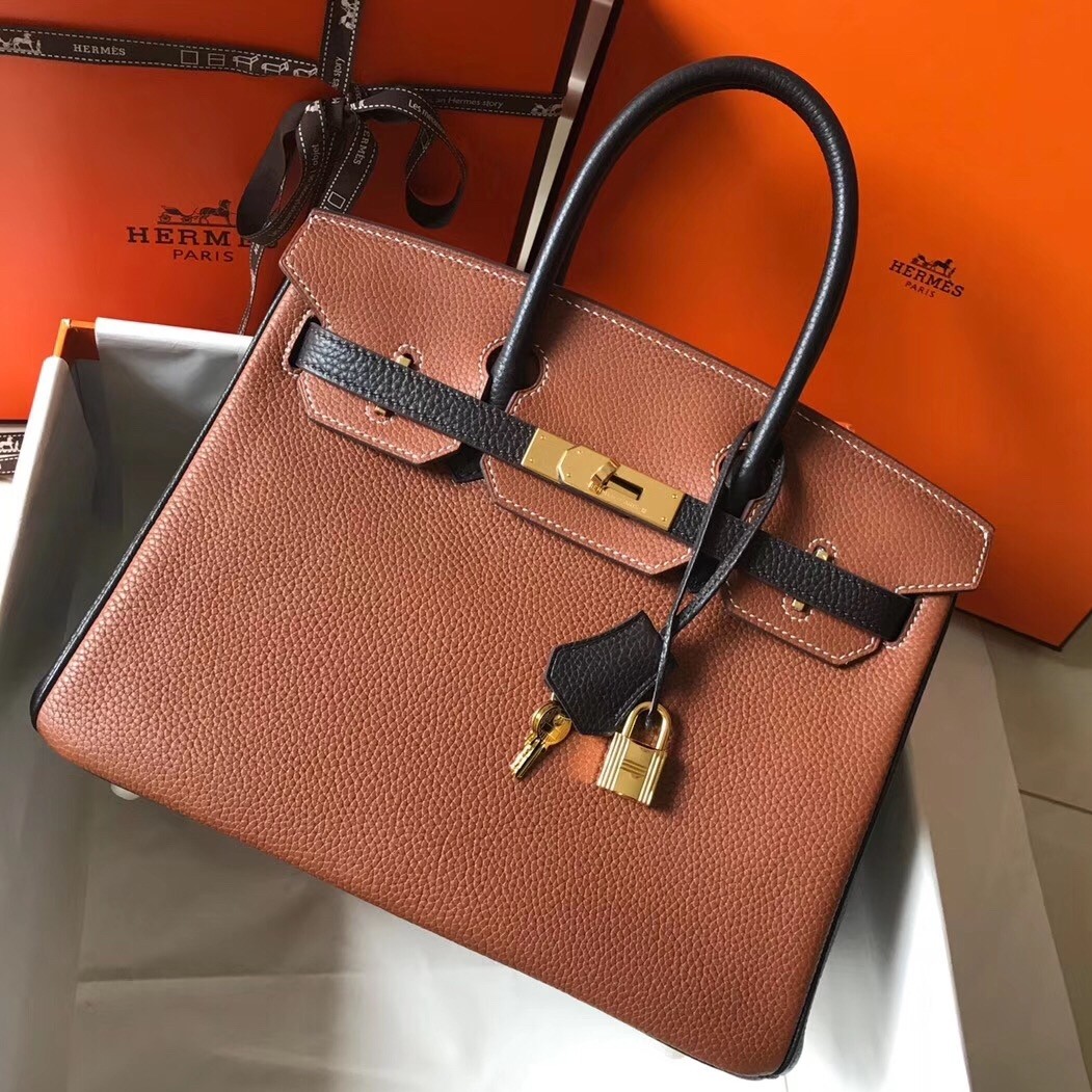 Hermes Bi Color Birkin 30cm Bag In Brown/Black Clemence Leather