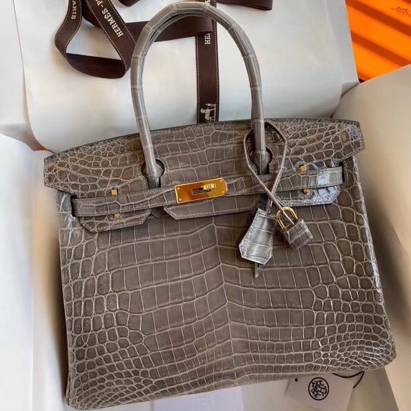 Hermes Taupe Birkin 30cm Shiny Crocodile Niloticus Skin Bag