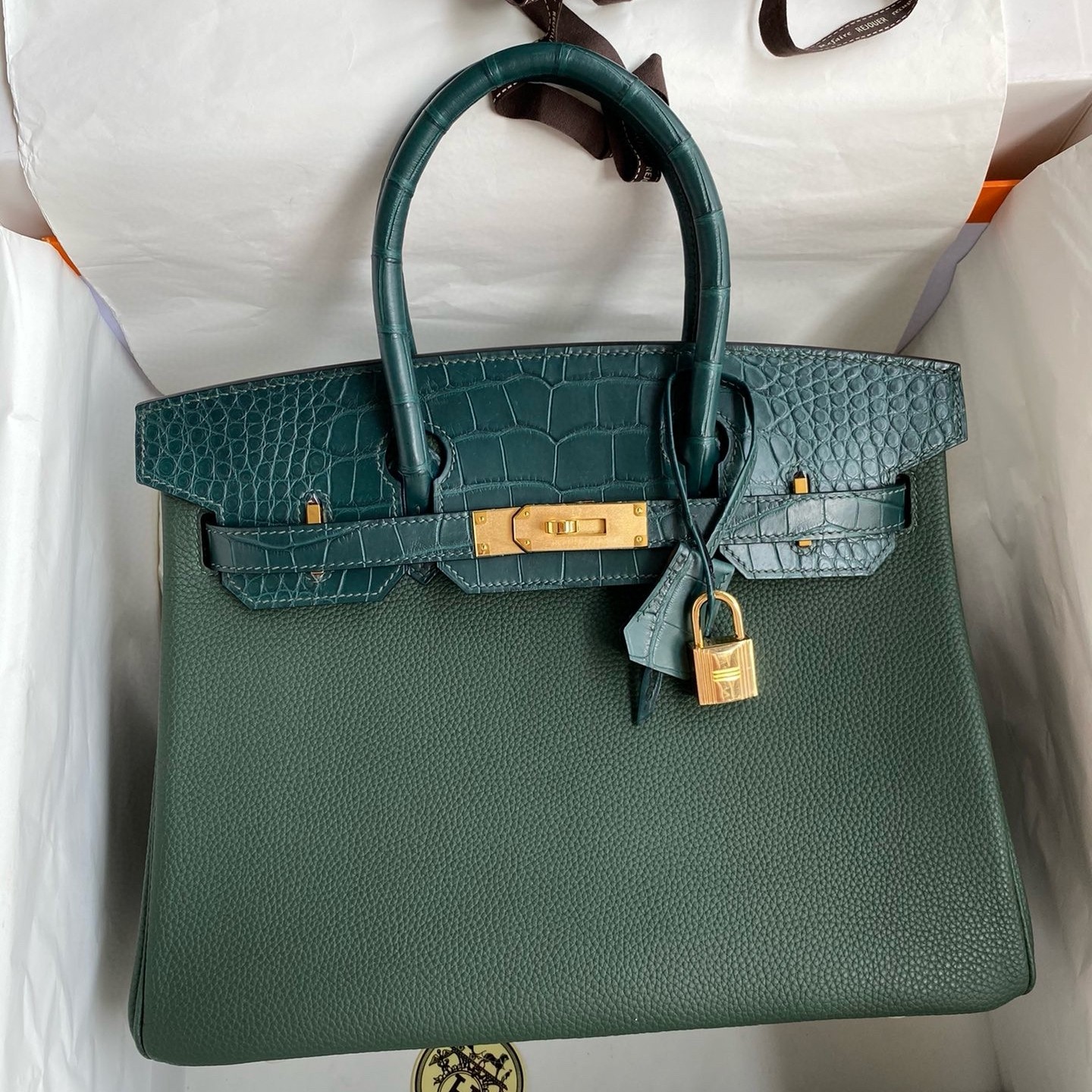 Hermes Touch Birkin 30 Bag in Green Clemence and Matte Alligator Leather