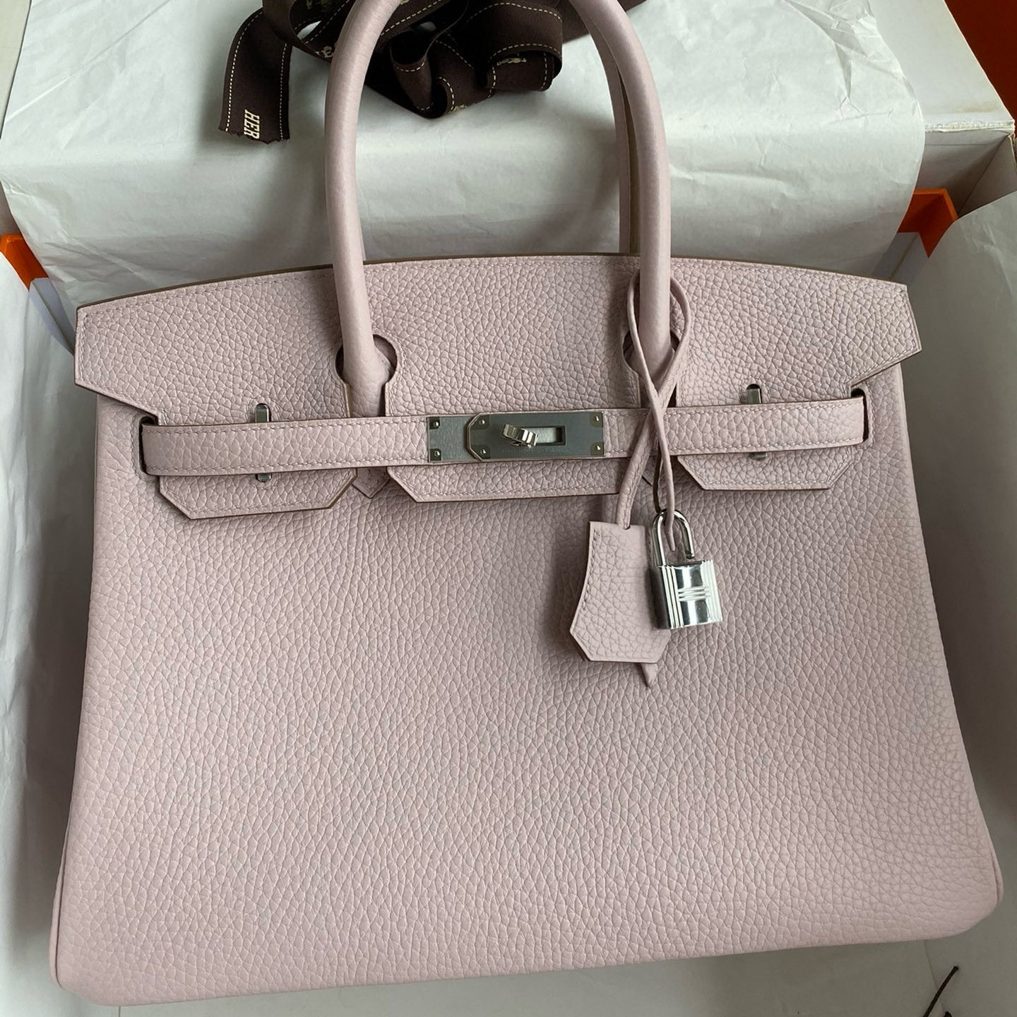 Hermes Birkin 30 Retourne Handmade Bag in Mauve Pale Clemence Leather