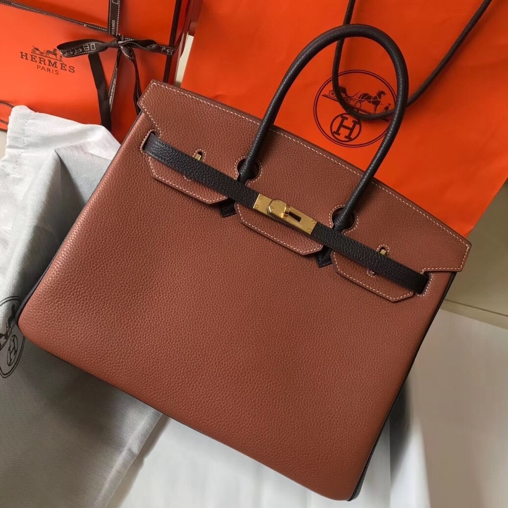 Hermes Bi Color Birkin 35cm Bag In Brown/Black Clemence Leather