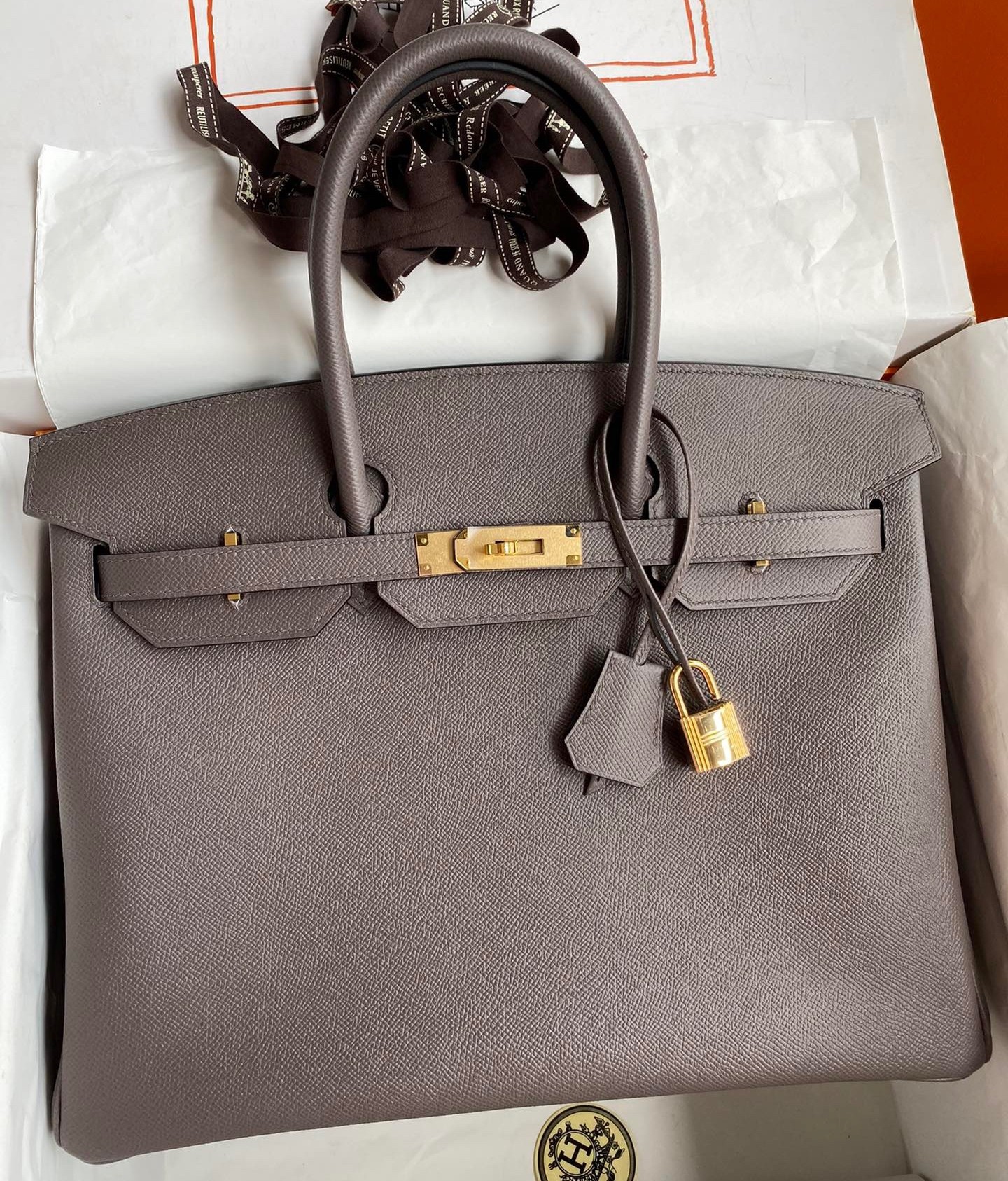 Hermes Birkin 35 Retourne Handmade Bag In Etain Epsom Calfskin