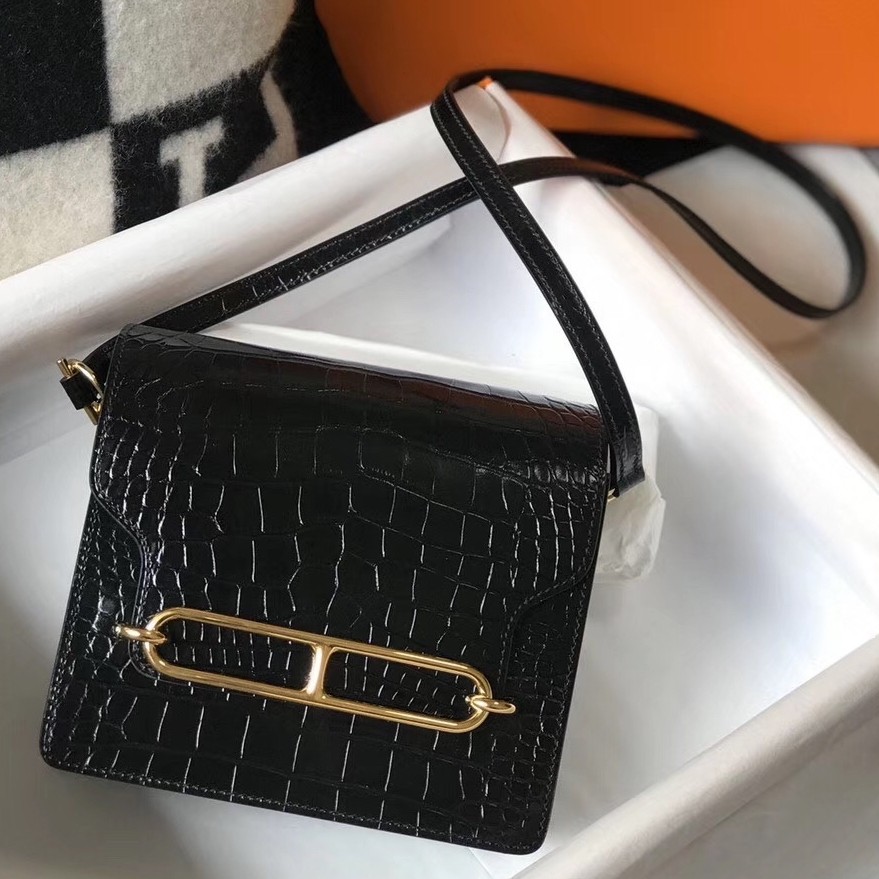 Hermes Roulis Mini Bag In Black Embossed Crocodile Calfskin