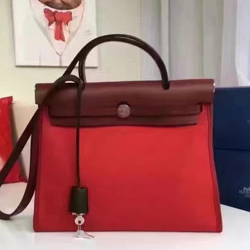 Hermes Herbag Zip PM 31cm Bag In Red Canvas