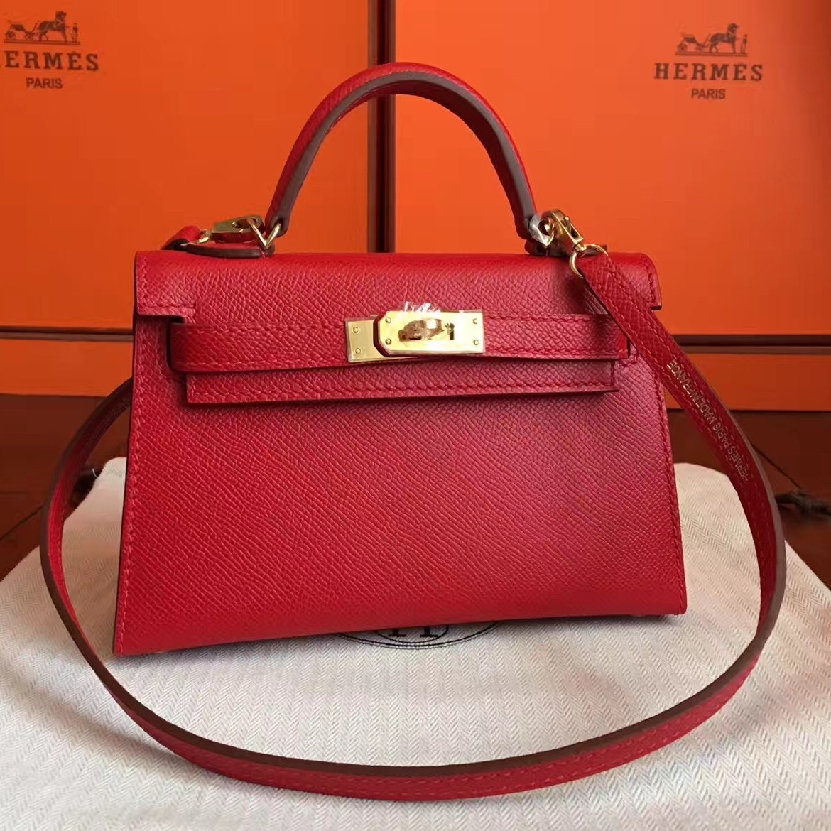 Hermes Red Epsom Kelly Mini II Handmade Bag