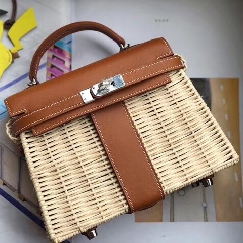 Hermes Brown Picnic Kelly Mini 20cm Wicker Bag