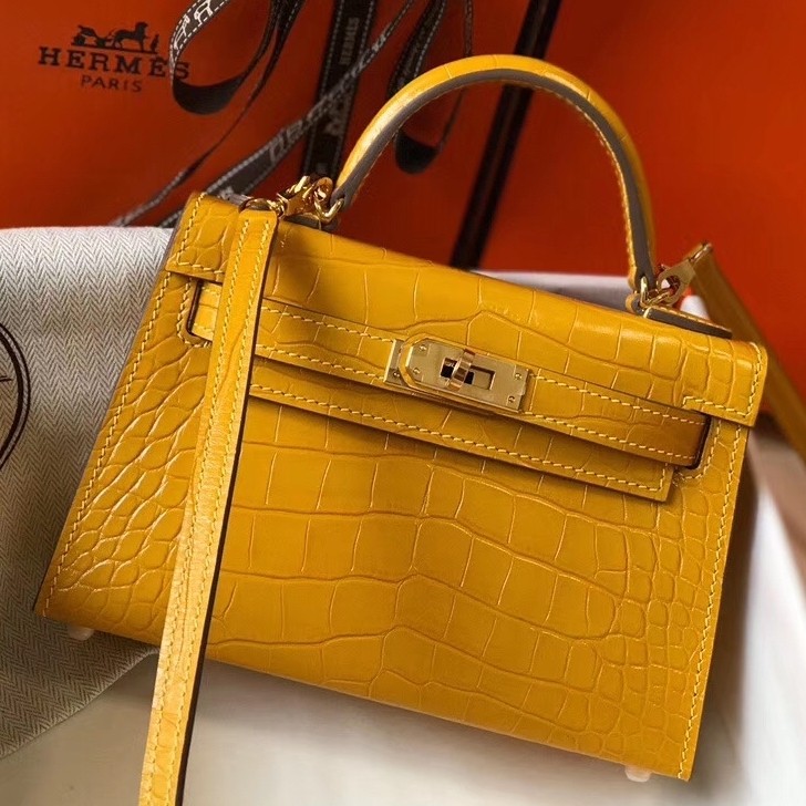 Hermes Kelly Mini II Bag In Yellow Crocodile Embossed Leather