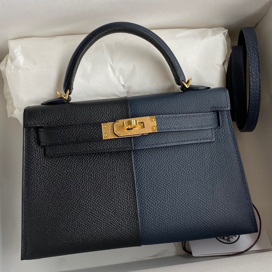 Hermes Kelly Mini II Sellier Tri color Bag In Black/Blue Indigo/Red Calfskin