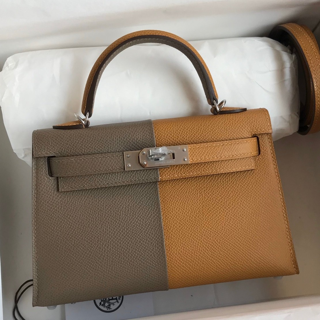 Hermes Kelly Mini II Sellier Tri color Bag In Taupe/Sesame/Blue Nuit Epsom Calfskin