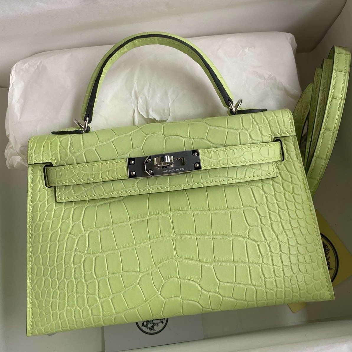 Hermes Kelly Mini II Sellier Handmade Bag In Jaune Bourgeon Matte Alligator Leather