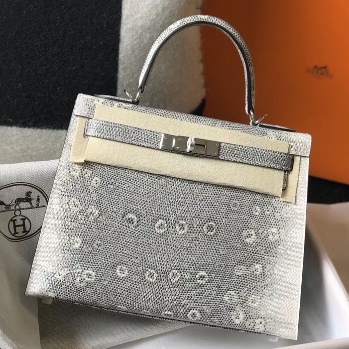 Hermes Kelly 28cm Bag In Ombre Embossed Natural Lizard