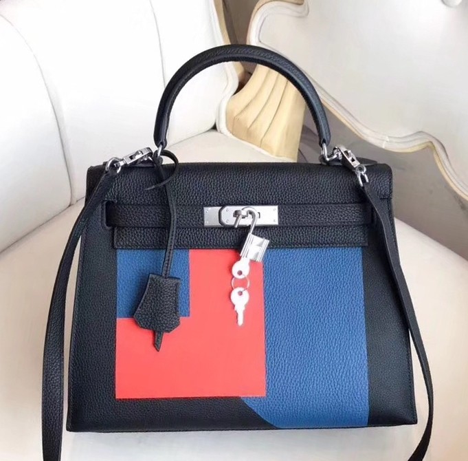 Hermes Multicolor Blocks Kelly 28cm Black Bag