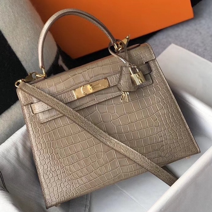 Hermes Kelly 25cm Bag In Taupe Embossed Crocodile