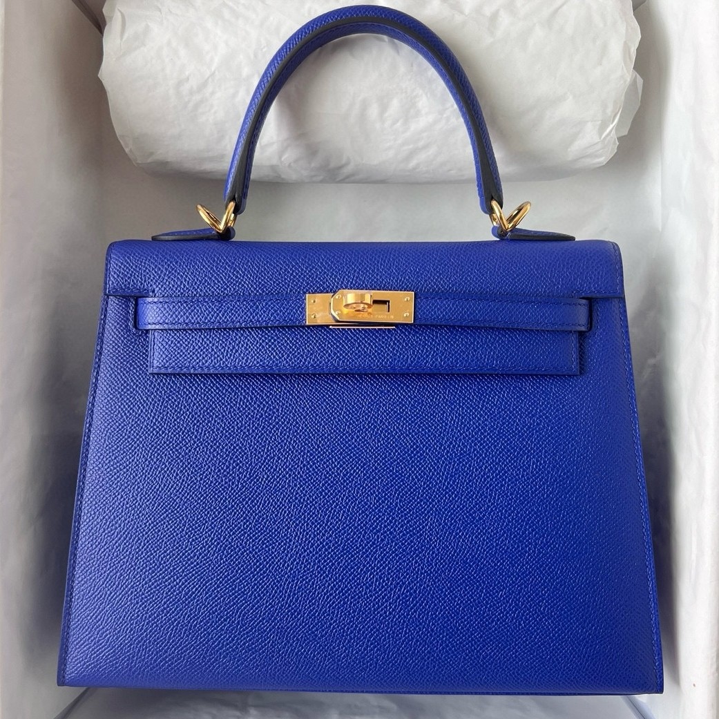 Hermes Kelly Sellier 25 Handmade Bag in Blue Electric Epsom Calfskin