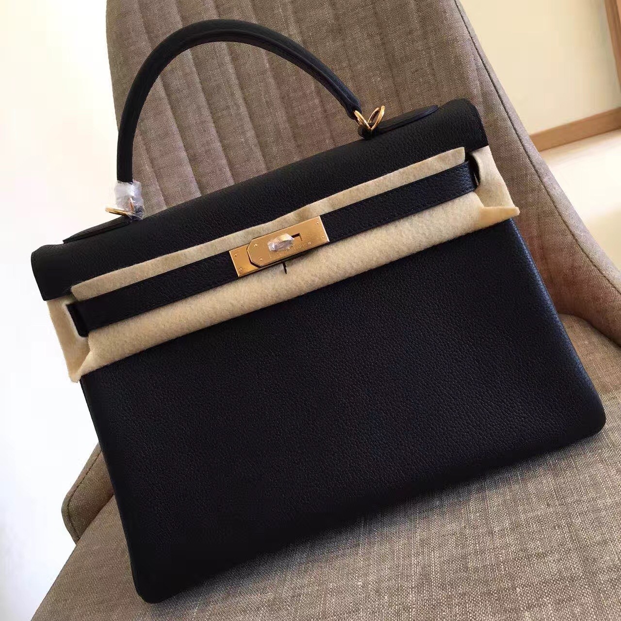 Hermes Black Clemence Kelly Retourne 32cm Handmade Bag