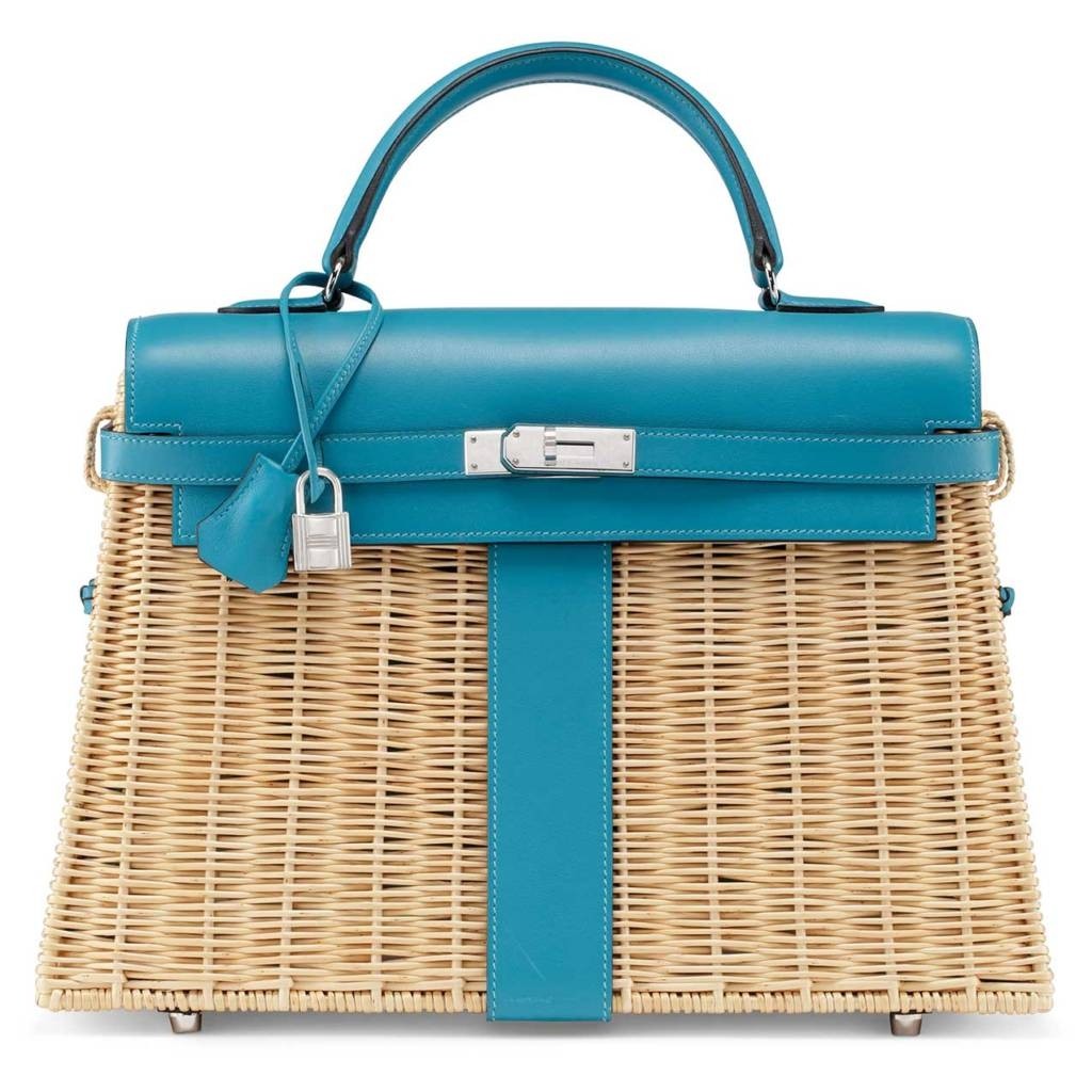 Hermes Blue Picnic Kelly 35cm Wicker Bag