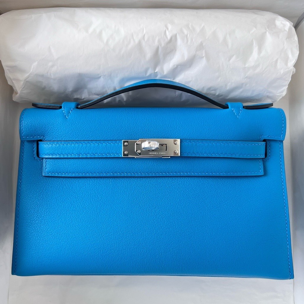 Hermes Kelly Pochette Handmade Bag In Blue Frida Swift Calfskin