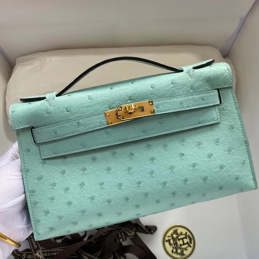 Hermes Aqua Kelly Pochette Ostrich Handmade Bag