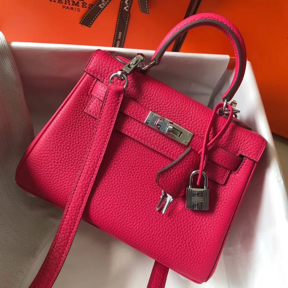 Hermes Mini Kelly 20cm Bag In Rose Red Clemence Leather