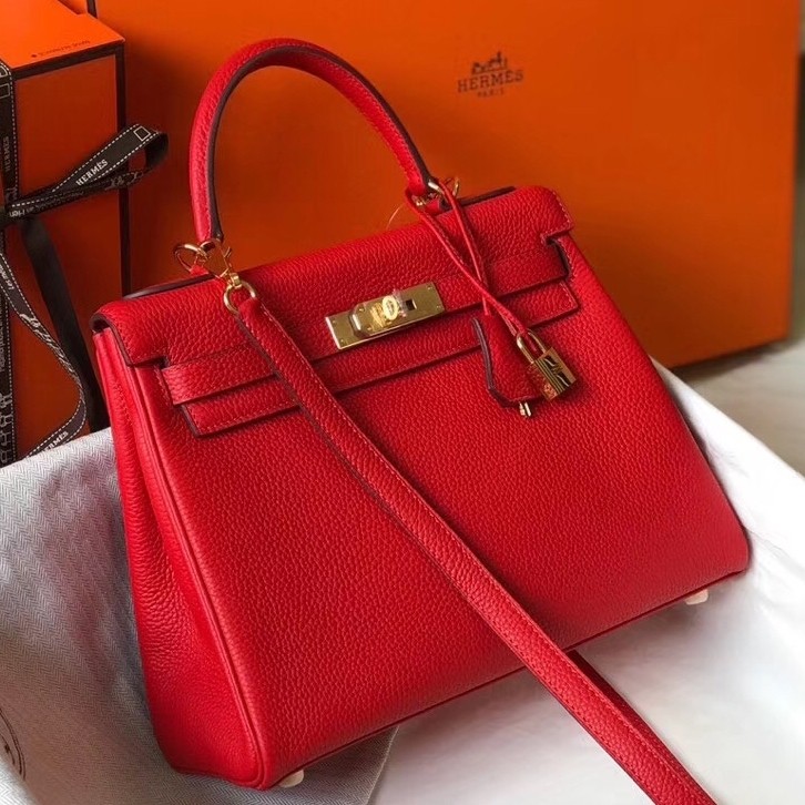 Hermes Red Clemence Kelly 25cm GHW Bag