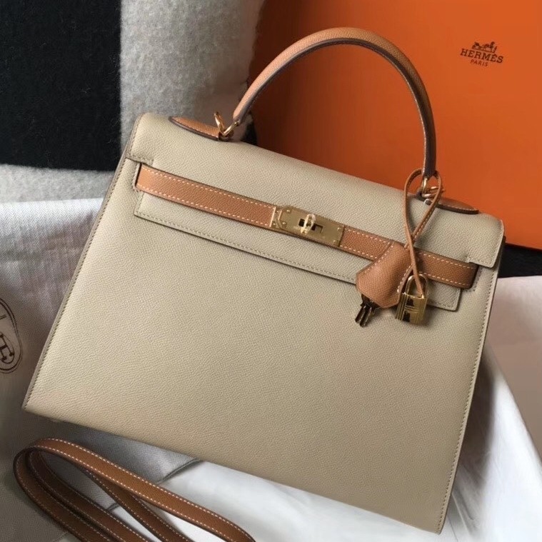 Hermes Bi color Kelly 32cm Epsom Bag Tourterelle/Gold GHW