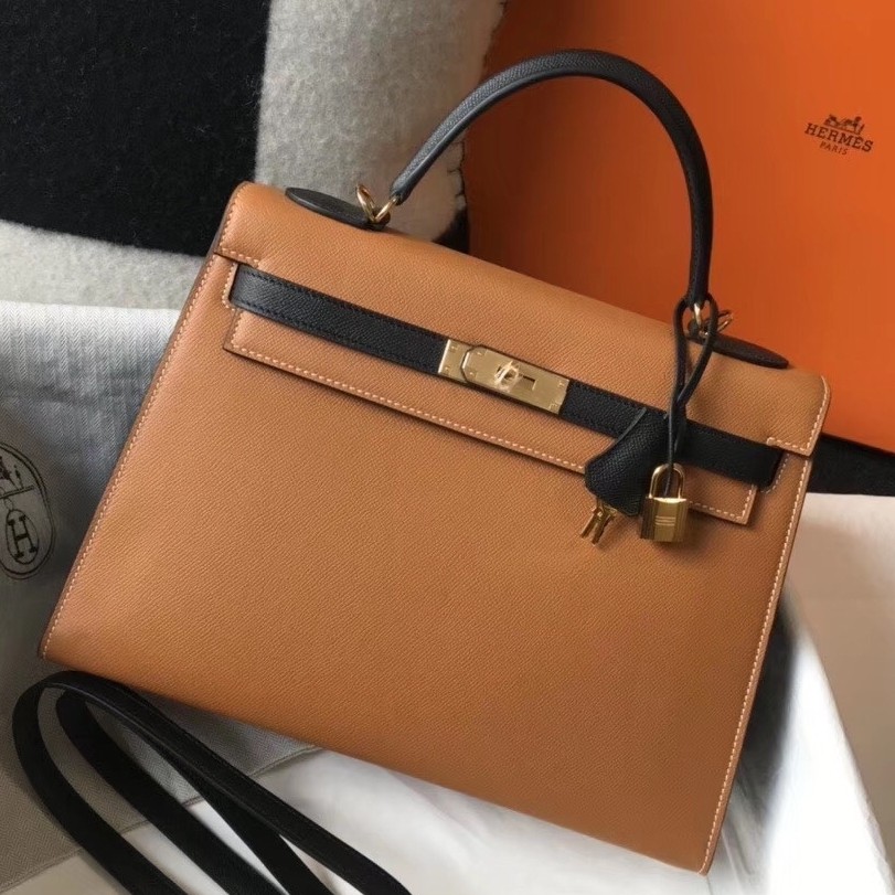 Hermes Bi color Kelly 32cm Epsom Bag Gold/Black GHW