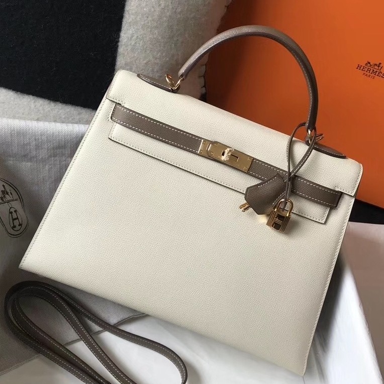 Hermes Bi color Kelly 32cm Epsom Bag White/Taupe GHW