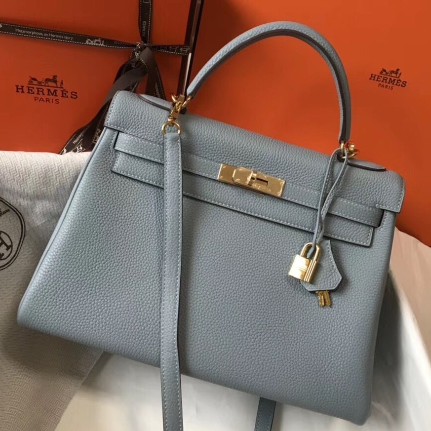 Hermes Blue Lin Clemence Kelly 32cm Retourne Bag