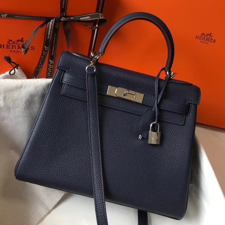 Hermes Navy Blue Clemence Kelly 32cm Retourne Bag