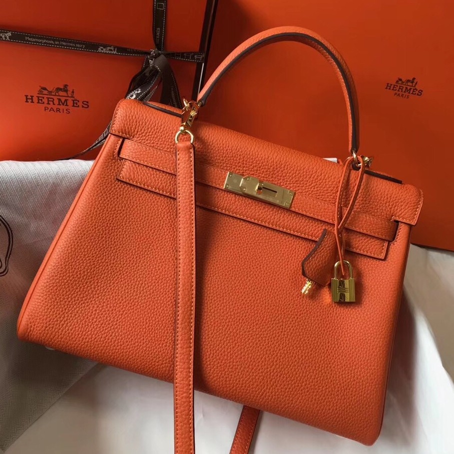 Hermes Orange Clemence Kelly 32cm Retourne Bag