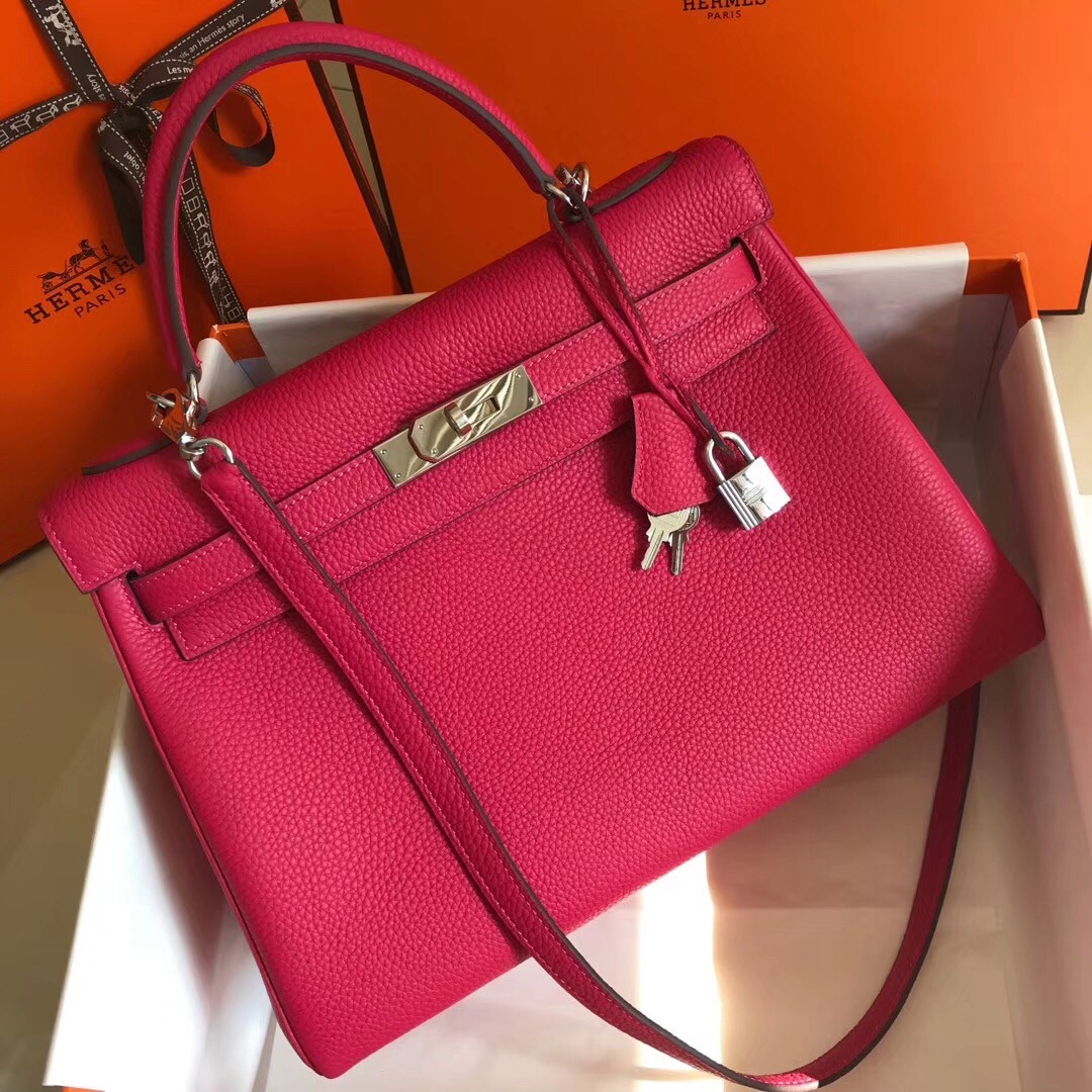 Hermes Rose Red Clemence Kelly 32cm Retourne Bag