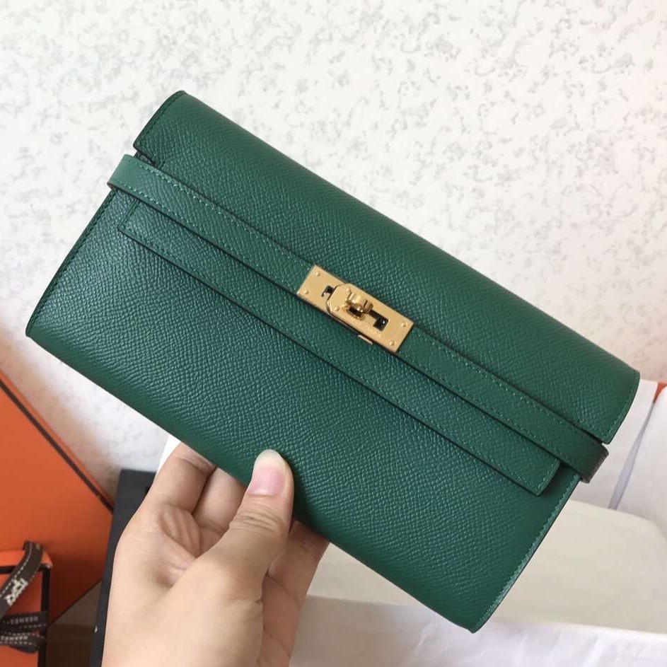 Hermes Kelly Classic Long Wallet In Malachite Epsom Leather