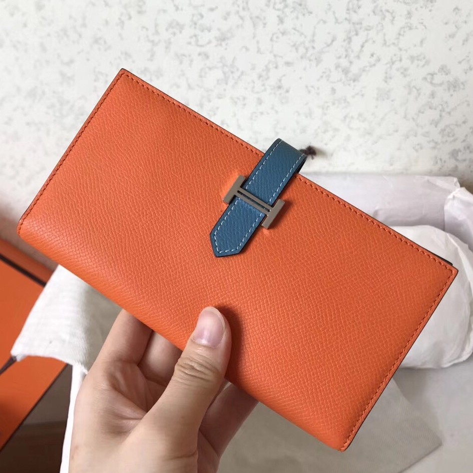 Hermes Bi Color Epsom Bearn Wallet Orange/Blue Jean