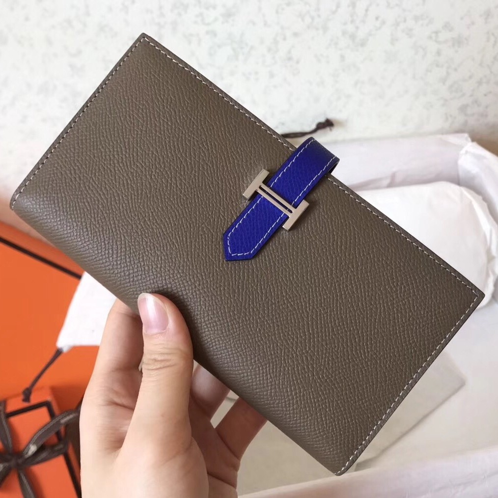 Hermes Bi Color Epsom Bearn Wallet Taupe/Electric Blue