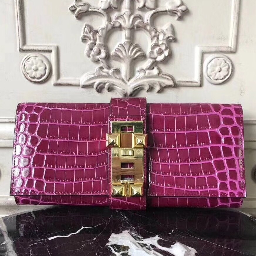 Hermes Medor Clutch Bag In Fuchsia Crocodile Leather