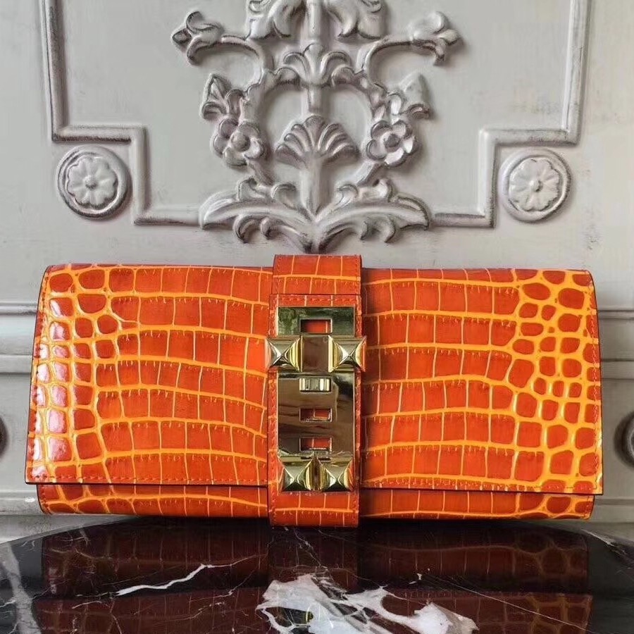 Hermes Medor Clutch Bag In Orange Crocodile Leather