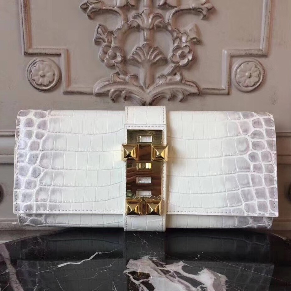 Hermes Medor Clutch Bag In White Crocodile Leather